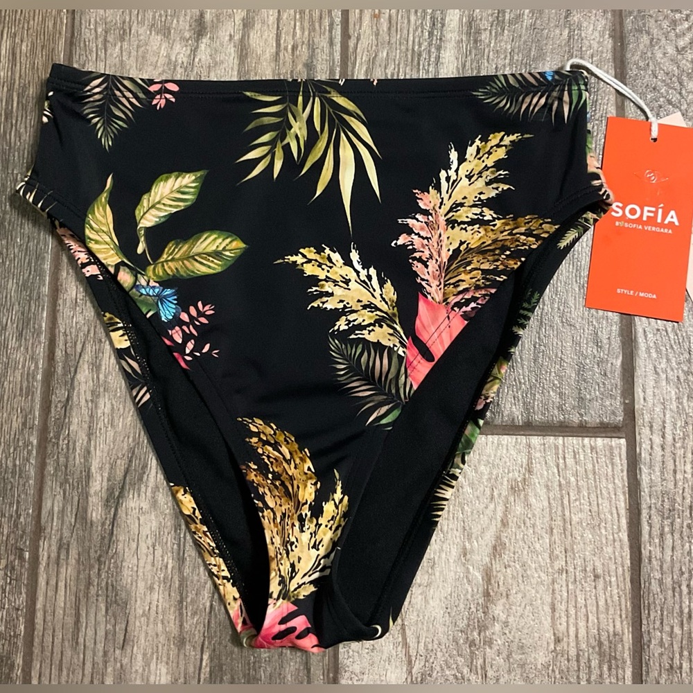 New Sofia High Waist Cheeky Swim Bottom Size L or XS Multicolor Palm Print